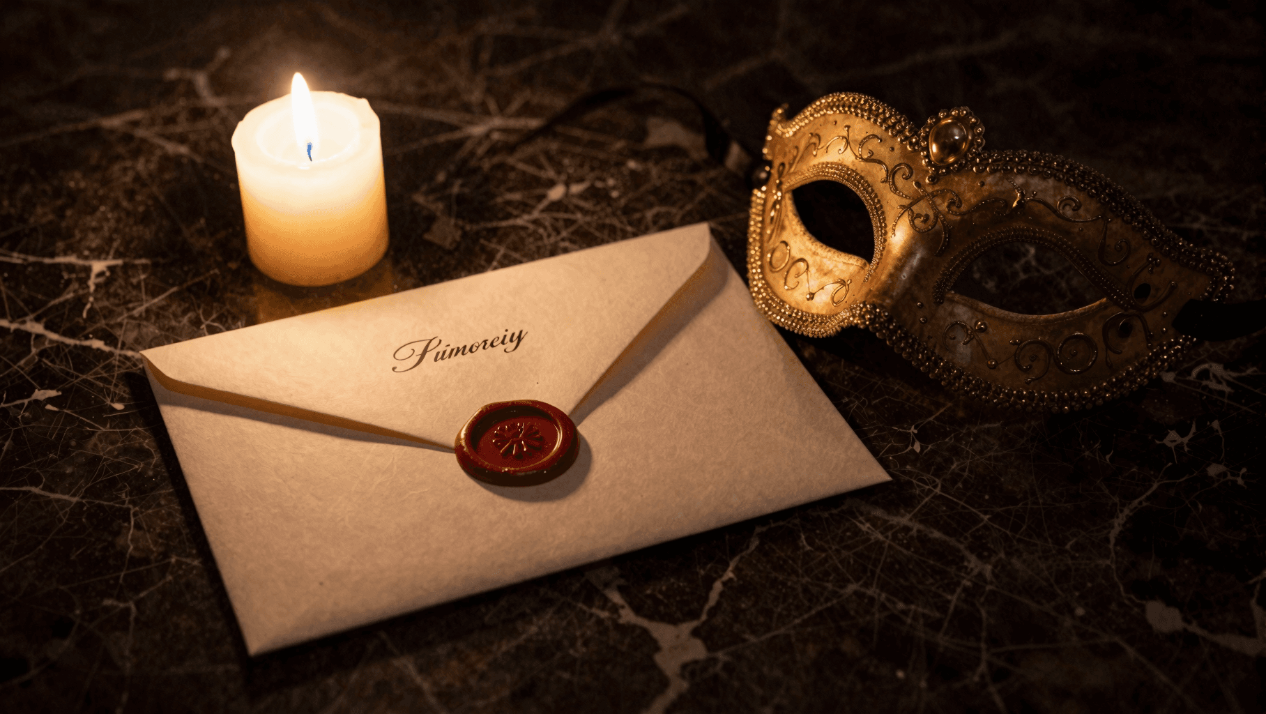 A wax-sealed invitation and a golden venetian mask by candlelight