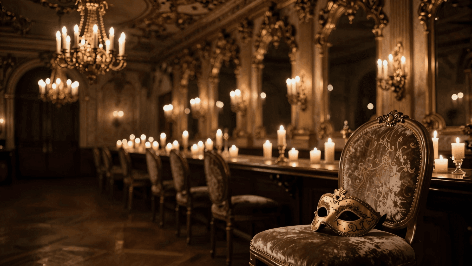 A candlelit baroque ballroom with a venetian mask resting on a velvet chair